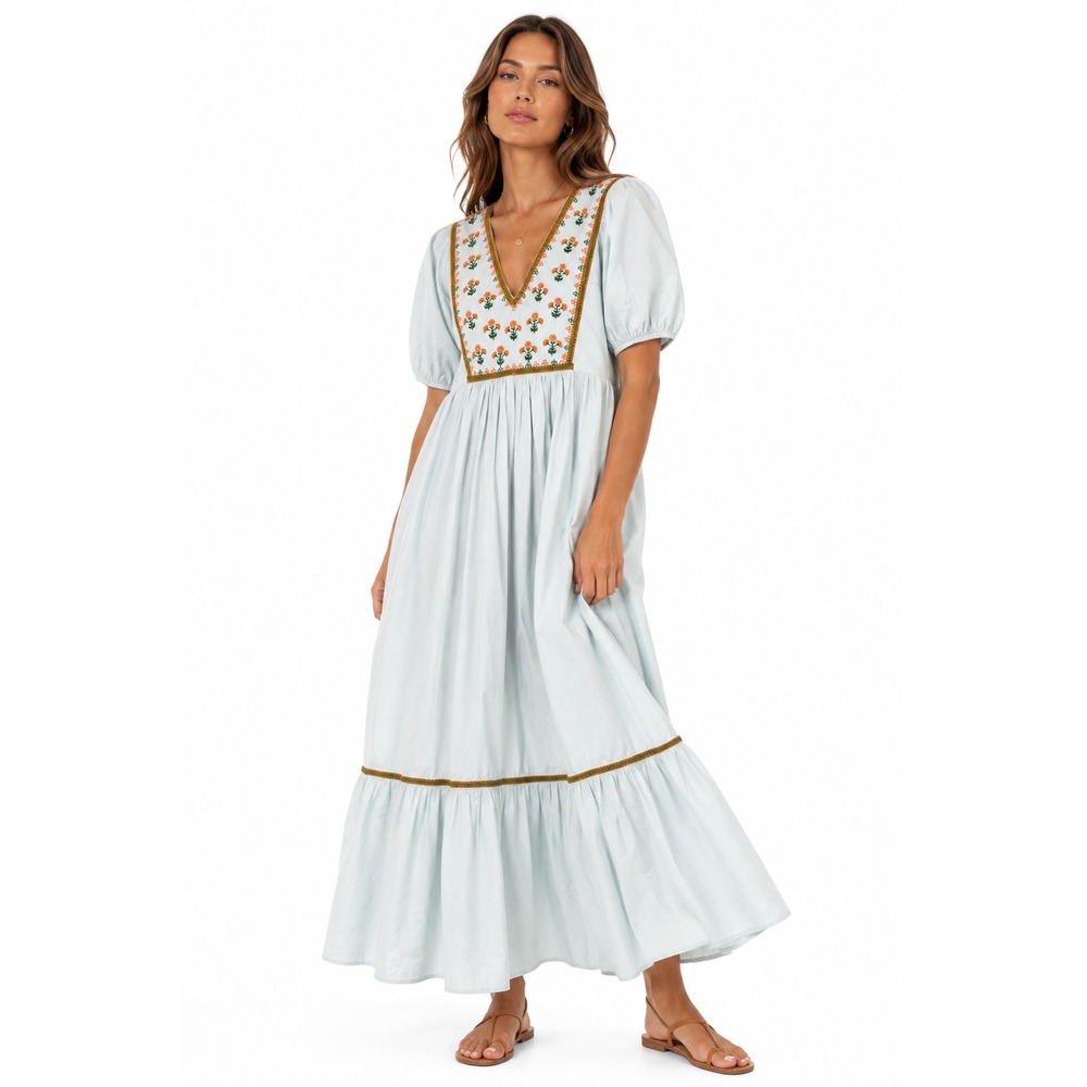 Boho Light Blue Floral Embroidered Maxi Dress Ex Voto Small